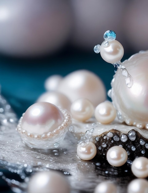 Фокус на перлах в жемчужных устрицах и капельках воды на уютном размытом фоне