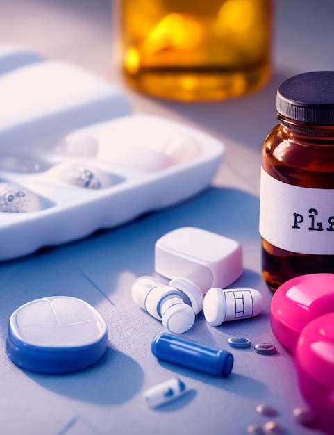 Photo focus shot of pills and pills on cozy blurred background nighttime