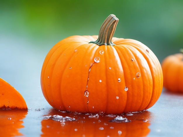 focus shot of pumpkin and water drop on cozy blurred background