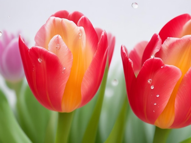 focus shot of tulips and water drop on cozy blurred background