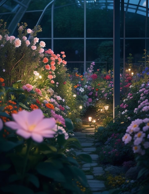 focus shot van bloementuin in kas ingericht op gezellige onscherpe achtergrond 's nachts