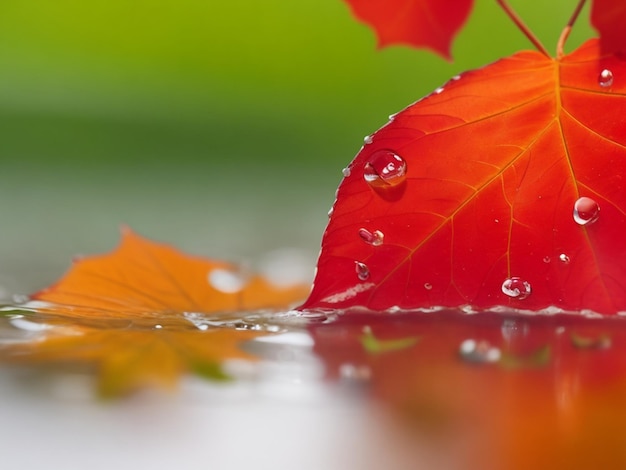 Focus shot van esdoornblad en waterdruppel op een gezellige wazige achtergrond