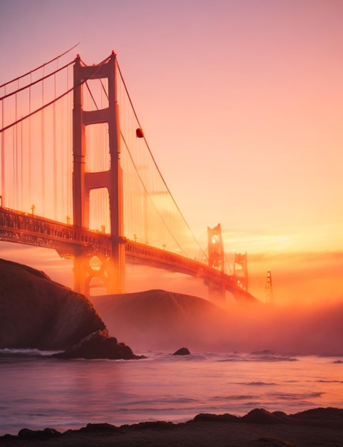 focus shot van prachtig zonsondergangzicht op de golden gate bridge op gezellige onscherpe achtergrond