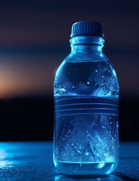 夜間の居心地の良いぼやけた背景に水のボトルのショットをフォーカスします