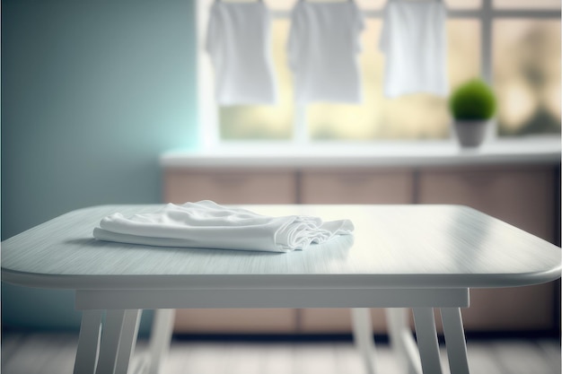 Photo focus table placing towel in blur laundry and washing machine background