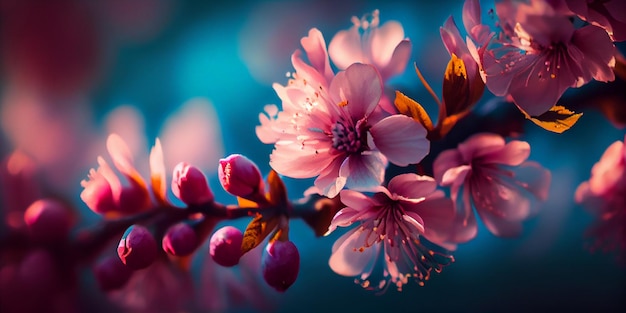 Foto focus van prachtige takken van lentebloesems panorama op de boom ai gegenereerd