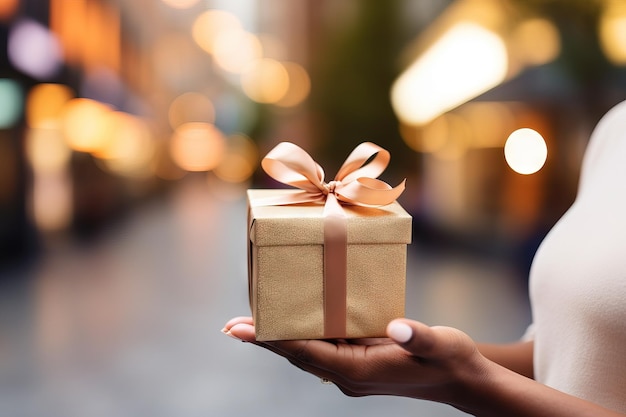 Foto concentrarsi sulla mano di una donna che offre un regalo con un nastro in luoghi diversi ia generativa