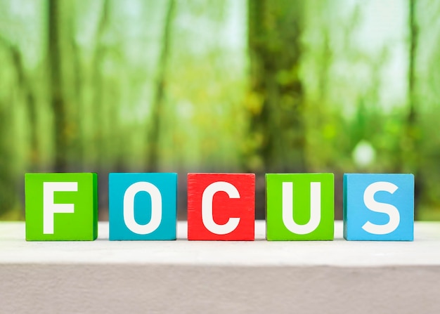 FOCUS word written on wooden colorful blocks on a green nature background