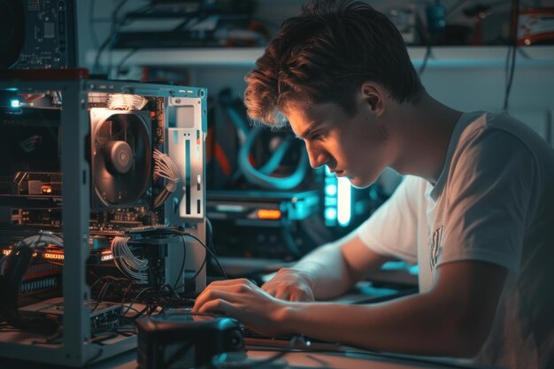 Focused 20yearold man builds his own computer illuminated by the glow of electronic parts