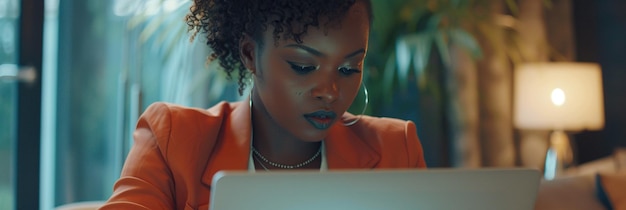 Focused African American business woman typing at laptop in office closeup Girl surfing internet