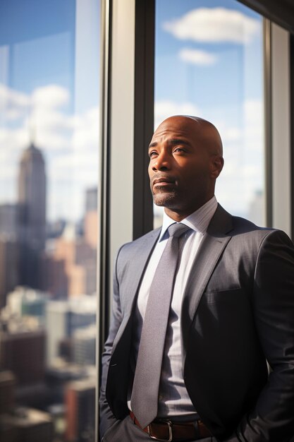 Focused African American businessman looking out a highrise office