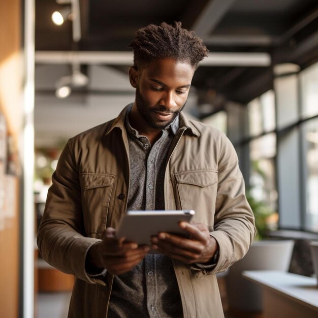 Photo focused african american casual businessman using tablet in creative office