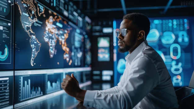 A focused African American man in a modern workspace analyzing and presenting findings from an algorithmic audit The environment is equipped with hightech devices displaying det AI Generative