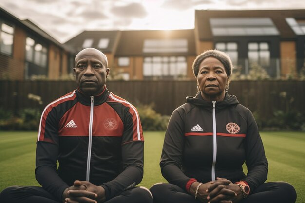 Focused african american senior couple practicing yoga in garden