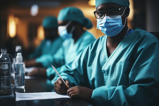 Focused African American Surgeon Writing on Document While Colleagues Work in Background