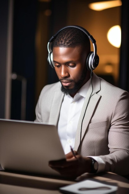 focused african business man in headphones writing notes in notebook watching webinar video course