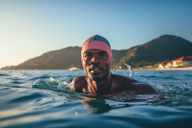 Focused african man triathlete swimming in sunny day