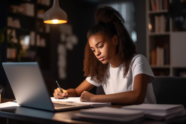 Focused AfricanAmerican teenage girl writing notes and studying with laptop and books at home