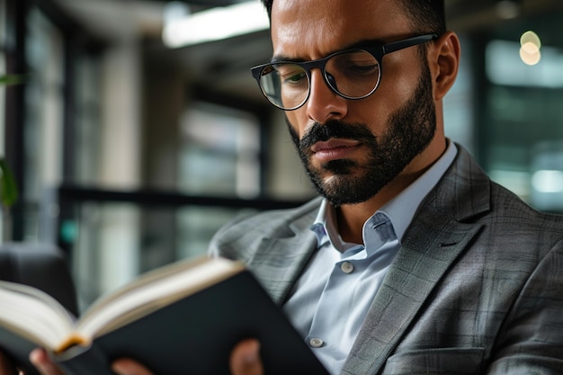 Focused Arabian business man reading a book in office closeup