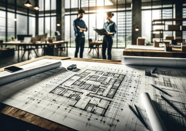 Focused architects conversing in a spacious well lit office with detailed blueprints spread out on a wooden table in the foreground