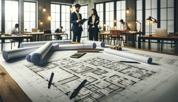 Focused architects conversing in a spacious well lit office with detailed blueprints spread out on a wooden table in the foreground