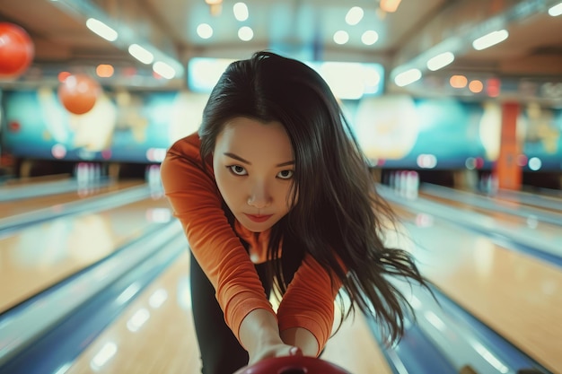 Focused Asian girl bowling Generate Ai