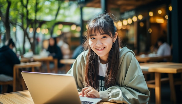 초점을 맞춘 아시아 여성 프리랜서가 노트북에서 편안한 카페 환경에서 자신있게 미소 짓고 있습니다.