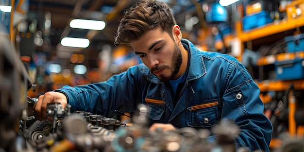 Photo focused auto mechanic in blue jumpsuit repairing car engine in welllit and organized repair shop concept auto repair shop mechanic car engine blue jumpsuit organized repair shop