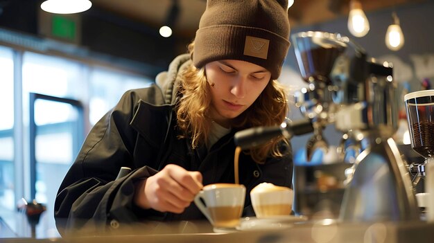 Photo focused barista making coffee in a coffee shop