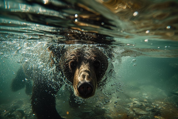 Foto focalizzato sull'orso che si tuffa nel fiume generate ai