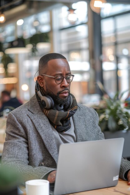 Foto un uomo nero concentrato nel suo lavoro su un portatile con le cuffie al collo in un moderno spazio per uffici luminosi