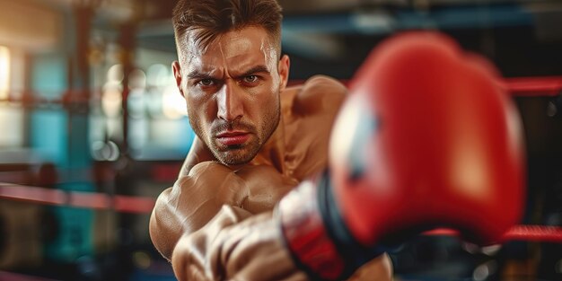 Focused boxer practicing punches in a boxing ring