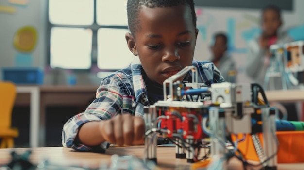 Focused boy engaged in robotics project at school