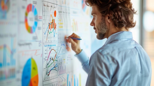 focused business consultant marks trends on various colorful data charts on a whiteboard
