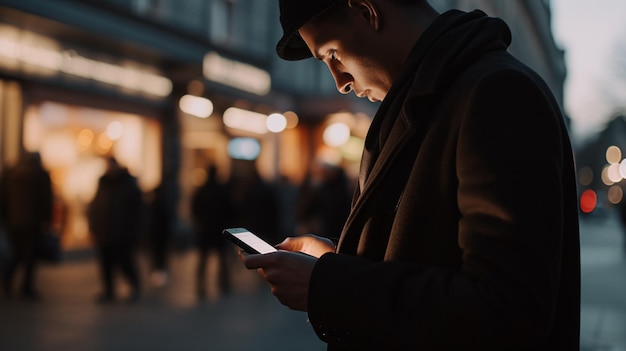 Focused Businessman Checking Messages on Phone in Black Coat Generative AI