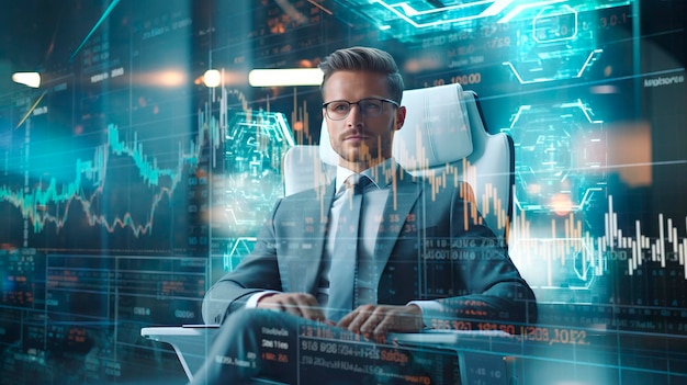 Focused businessman with holographic crypto data