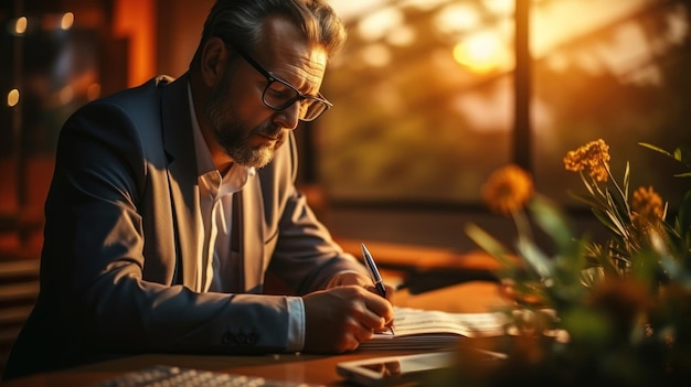 Photo focused businessman working at desk in office during sunset