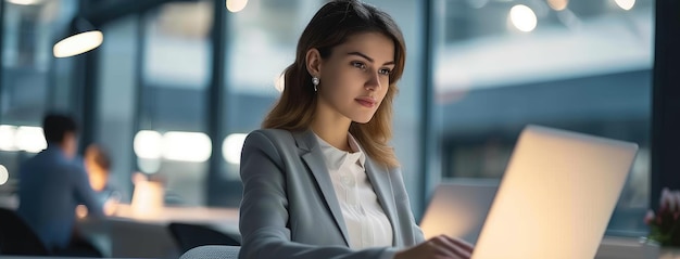 Photo focused businesswoman working on laptop at night