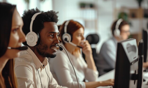 Foto agenti del call center focalizzati che risolvono i problemi