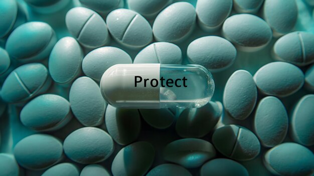 Photo focused capsule labeled protect amidst a blurred pharmaceutical backdrop