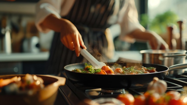 Focused chef garnishes a savory dish with herbs in a sunlit professional kitchen capturing the art of cooking