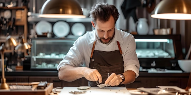 Focused chef meticulously preparing a dish in a professional kitchen craftsmanship and culinary art captured ideal for dining concepts AI