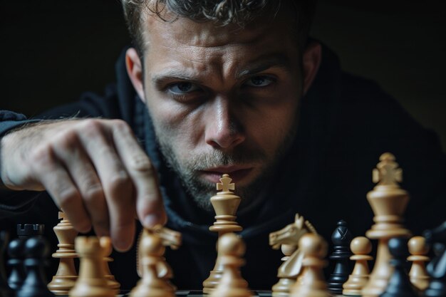 Focused chess player intensely studies board