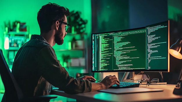 a focused coder working on a computer with glowing screen immersed in programming and technology in a cozy workspace