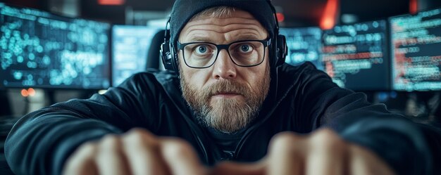 Компьютерный хакер, работающий над кибератакой с использованием нескольких компьютерных экранов с отображаемым кодом