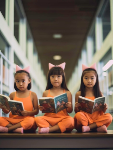 Focused and concentrated asian girls learning from textbooks generated by ai