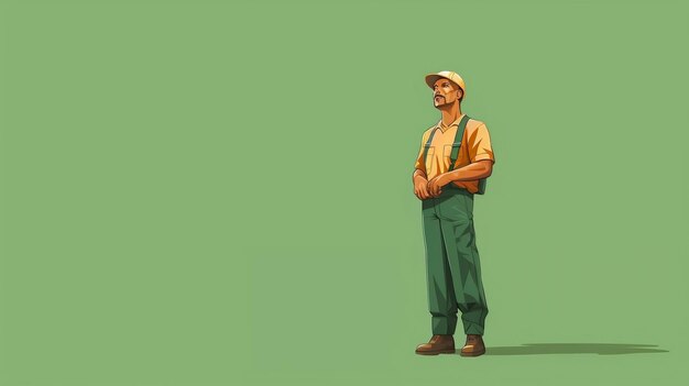 Focused Construction Worker on Flat Green Background