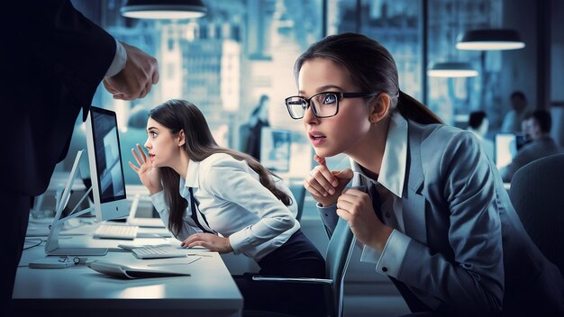 Focused curious office girl in glasses eavesdropping