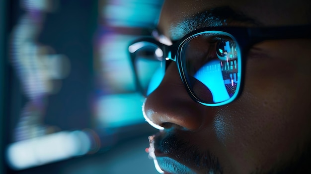 focused developer coder wears glasses working on computer looking at programming cod generative ai