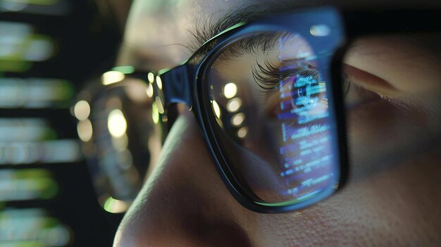 focused developer coder wears glasses working on computer looking at programming cod generative ai